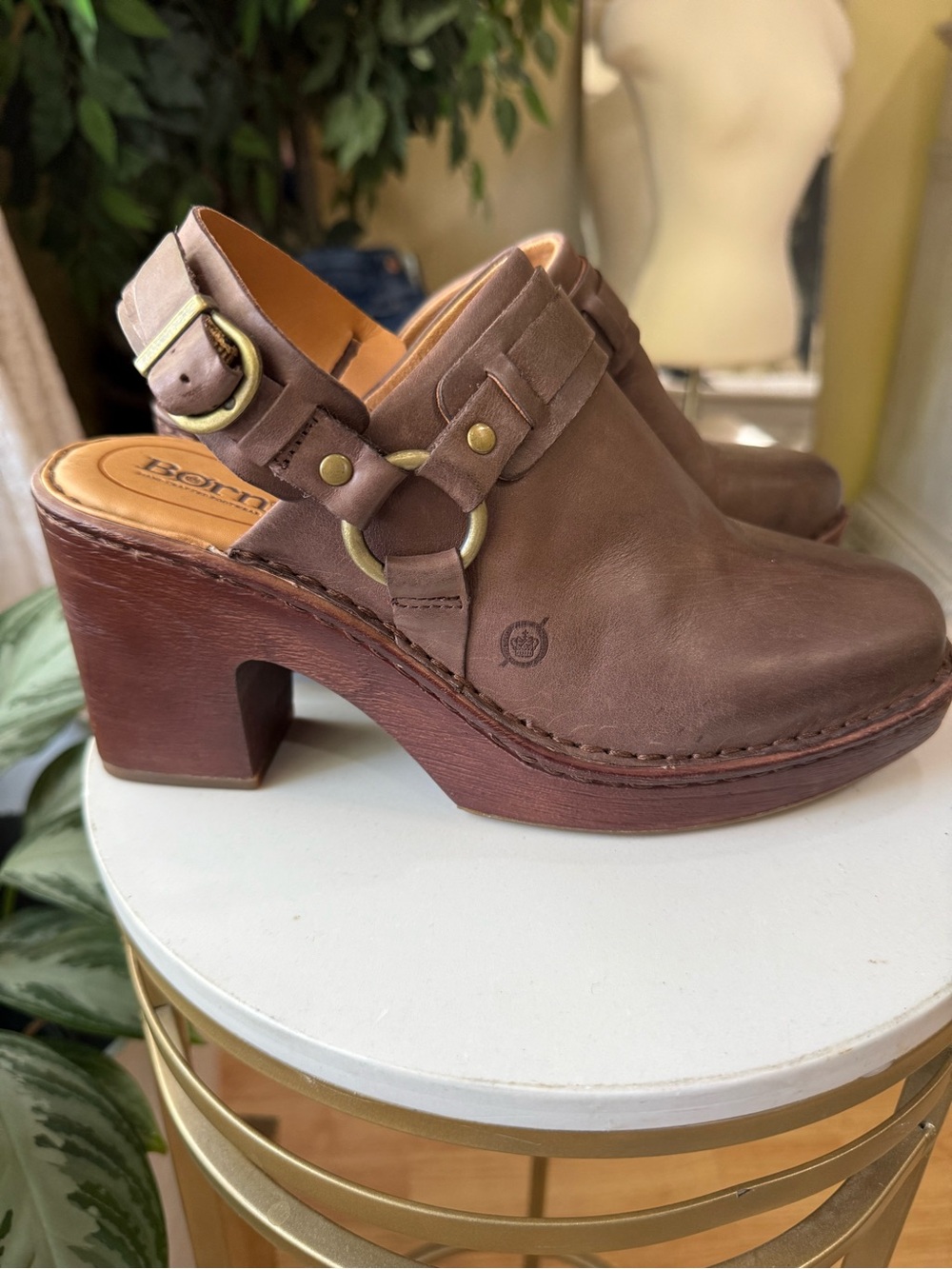 BORN Hudson Women’s 9M Brown Leather Platform Slingback Clogs Chunky Heel - Picture 2 of 16